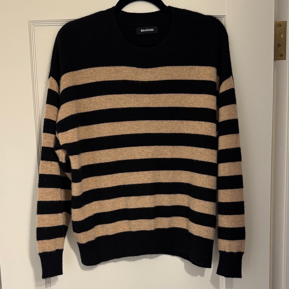 NAADAM Black and Tan Striped 100% Cashmere Crewneck Sweater